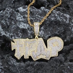 Hip Hop Rapper 18K Gold Plated Iced Out Pendant Cubic Zirconia TRAP Letters Necklace for Men with Solid Back Bling Jewelry