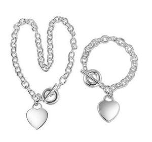 L925 Серебряное ожерелье любви+браслет-набор свадебные ювелирные ювелирные украшения Сердце Т-образные серебряные галлеры подвесной кожух наборы 2 в 1