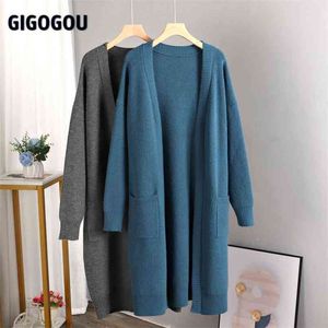 Gigogou Vintage Long Cardigan Dla Kobiet Sweter Otwarty Stich Jesień Zima Gruba Ciepła Kurtka Płaszcz Duża Kieszeń Dzianiny Jumper 210914