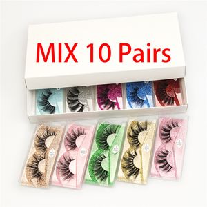 3D Faux Vizon Lashes Kıvırcık Çapraz Doğal Yanlış Kirpikler 10 Çift / Set Göz Kiralama ile Renkli Kirpik Paketleme Kutusu Makyaj Araçları