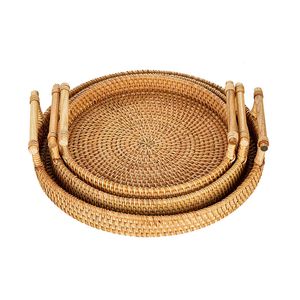 Rattan Wagre Круглая корзина Круглый сервировочный поднос крекеров с ручками для хлеба Фрукты овощи ресторана, подающие в ресторане для ужин настольные настольные дисплеи