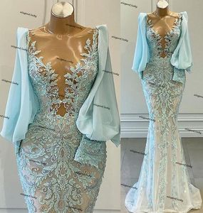 Niebo Niebieski Z Długim Rękawem Evening Pagews Sukienki Sheer O-Neck Lace Zroszony Aso Ebi EBI Afryki Mermaid Prom Reception Suknia