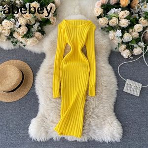 Elastic Knitted Mulheres Vestido Outono Inverno O Neck Manga Longa Bonita Vestido Bodycon Slim Morno Pullovers Sweater Vestido 201028