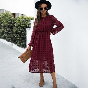 2021 Fall Elegant Casual Chiffon Party Retro Mid-Length Dress Women's Robe Kvinnors Mode Kvinnors Halsband Långärmad Office D Y1006