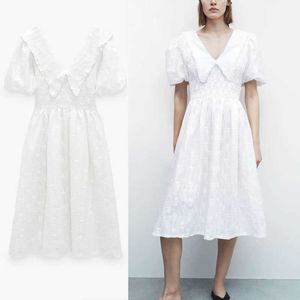 Zaホワイト刺繍アイレットMIDIドレス女性短いパフスリーブ背中の夏のドレス女性ビンテージインナーチュールvestidos 210602