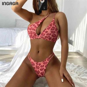 Ingaga Leopard Bikini's Swimsuits Cut Out Stroje Kąpielowe Kobiety Jedno Ramię Biquini Stringi Kąpiel Push Up Beachwear 210621