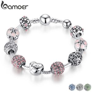 Silver Plated Charm Bracelet & Bangle with Love and Flower Beads Women Wedding Jewelry 4 Colors 18CM 20CM 21CM PA1455