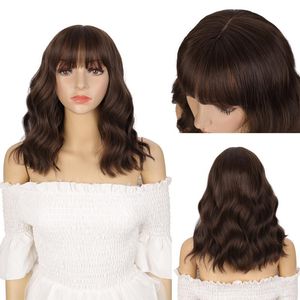 Synthetic Wigs GRES Dark Brown Bob For Women Medium Length Wavy Wig With Full Bang High Temperature Fiber