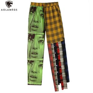 Aolamegs Pants Men Streetwear Patch Plaid Print Casual Cargo Hip Hop Drawstring Sweatpants Baggy High Street Trousers 210715