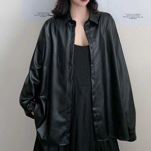 Japon Rahat Gevşek Deri Moto Ceket Kadın Giyim Kore Yüksek Sokak Ceket Chic Streetwear Uzun Kollu Siyah Top 210604