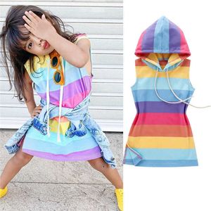 虹の縞模様の子供たちの夏のノースリーブのドレスのための女の子のブラウストップス綿カジュアルプリンセスパーティードレス2020ベビーシャツ服q0716