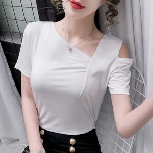 S-XL Tee Gömlek Femme Pamuk Kısa Kollu Kıvrımlar T Gömlek Yaz Kore Moda Siyah Tişörtleri Kapalı Omuz Y2K Bayan Giyim 210604