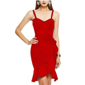 女性の夏のファッションセクシーな赤い包帯ドレスソリッドシックなフィッシュテールトランペットデザイナーイブニングパーティーvestido 210527