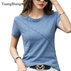 2021 Estate Donna T-shirt in cotone di bambù a costine T-shirt femminile con bottoni allentati Moda casual T-shirt manica corta blu O-Collo Corea Top X0628