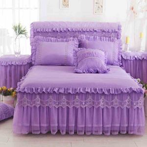 Korea Lace Ruffle BedsPread Bed Kjol Pillowcases 1 / 3pc Solid Färg Madrass Kåpa Prinsessan Sängkläder Fitted Sheet King Queen Size Y200423