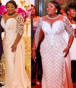 Plus Size Arabic Aso Ebi Luxurious Lace Beaded Prom Dresses Sheer Neck Sparkly Sheath Evening Formal Party Second Reception Gowns Dress ZJ555