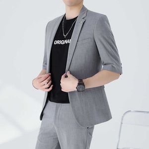 (Kurtka + spodnie) Letnia męska Połowa Rękaw Ślubny Kostium Ślubny Męski Luksusowy Marka Slim Casual Grey Tuxedo 2-częściowy garnitur Masculino Smocking X0909