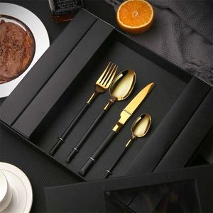 Tablewellware Svart guld bestick gafflar knivar skedar porslin set rostfritt stål bestick köksredskap set droppe 211112