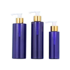 Pet Plastic Blue Bottle Liso Ombro Shiny Gold Prata Collar Lotion Press Bomba Vazia Cosméticos Recém-reclamável Recipiente de embalagens 100ml 200ml 250ml