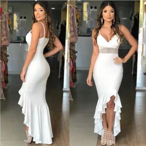 2022 White Sheath Prom Dresses Sleeveless High Low Spaghetti Straps Beaded Evening Party Gowns Plus Size Custom Made Formal Ocn Wear 403 403