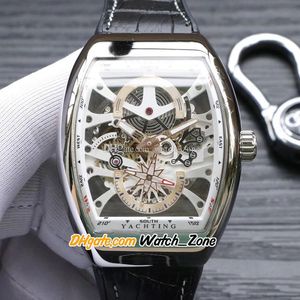 Ny Saratege S6 Yachting Automatic Mens Watch Vanguard V45 S6 Yacht White Skeleton Dial Tourbillon Steel Case Black Leather/Rubber Sport Gents Watches 44mm 49A1