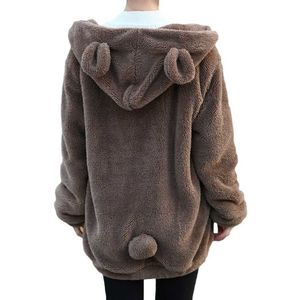 Black Hoodies Zipper Fluffy Bear Ear Kawaii Hoodie Höst Vinter Kläder Hooded Jacket Varm Ytterkläder Coat Oversize Sweatshirts x0721