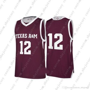 Ucuz Özel Texas AM Aggies NCAA erkek Mart Madness Maroon # 12 Basketbol Forması Kişilik Dikiş Özel Herhangi bir Adı Numarası XS-5XL