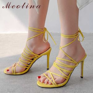 Meotina Sandals Cross-Strap Super High Heel Women Shoes Narrow Band Thin Heels Ladies Sandals Summer Rome Shoes Green Size 33-46 210608