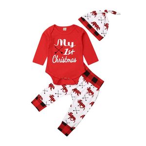 Set di abbigliamento Lovely Kids Baby Girl Boy My First Christmas Letter Romper Pant Hat Outfit Xmas Set Autumn