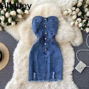 Design Denim Strapless Dress Women Sexy V Neck Sleeveless Slim Party Dresses Summer Korean Off Shoulder Solid Mini Dress 210715