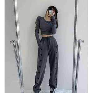 Kadınlar Casual Gevşek Kalp Baskı Streetwear Sweatpants Femme Yüksek Bel Harajuku Pantolon Geniş Bacak Spor Jogger Harem Pantolon Y211115