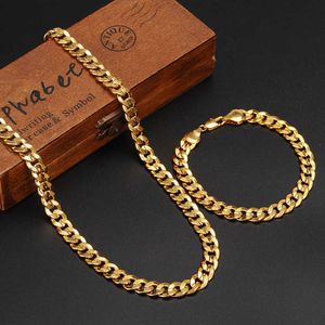 Classics Fashionable Real 24 K Yellow Solid Gold Finish Mens Woman Necklace Bracelet Jewelry Sets Curb Chain Abrasion 210720