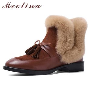 Meotina Real Leather Med Heel Ankel Stövlar Kvinna Skor Block Heel Short Boots Bow Rabbit Fur Ladies Skor Höst Vinter Brun 40 210608