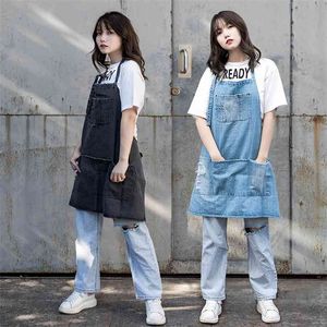 Cotton Denim Adjustable Bib Apron with 5 Pockets Cooking Kitchen Women Men Jean for Cafes Lounge Bars 210623