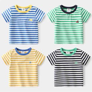 Sommar England 2 3 4 6 8 10 år Barnkläder Bomull Kortärmad Cartoon Car Band Striped T-shirt för barn Baby Boys 210625