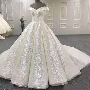 Lussuoso abbigliamento da matrimoni paillettesimita una linea off spalla spalla in cristallo perline paillettes donna formale abiti da sposa su misura