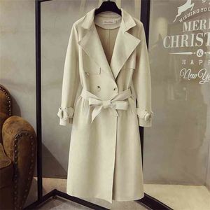 Herbst Trenchcoat Frauen Elegante Drehen Unten Kragen Lange Windjacke Mode Koreanische Damen Zweireiher Wildleder Mäntel Kleidung 210525