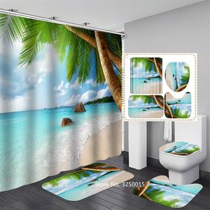 Shower Curtains 3-4 Pieces Beach Shell Sea Wave Curtain Free Hook Waterproof Toilet Lid Non-slip Mat Bathroom Cover