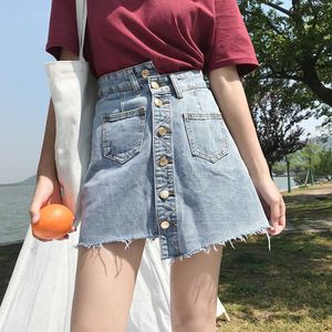 KITTY Summer Breasted Jeans Skirt High waist Korean Short A-Line button ins Harajuku s 210608
