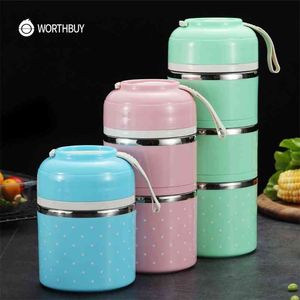 WORTHBUY Simpatica scatola termica giapponese per il pranzo Bento box in acciaio inossidabile a prova di perdite per bambini Contenitore per alimenti per la scuola portatile da picnic 210818