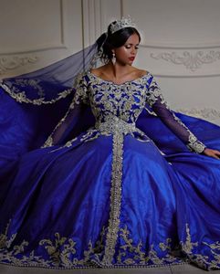 Royal Blue Vestidos De Fiesta Arabic Traditional Wedding Dresses Appliqued Long Sleeves kaftan caftan Turkey Bridal Gowns