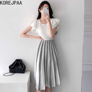 Korejpaa Women Dress Summer Korea Elegant Temperament Double Layer Lotus Leaf Sleeve Slim Stitching Pleated Knitted Vestido 210526