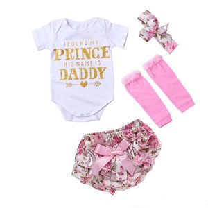 Baby girl 4pcs Clothing Sets Infant INS Romper + floral shorts + Headband + leggings Set I Found My Princess His Name is Daddy 421 U2