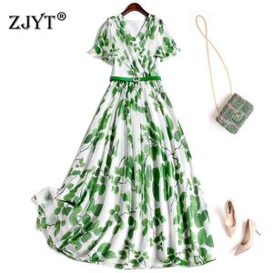 Letnie Ubrania Dla Kobiet Moda Z Krótkim Rękawem V Neck Print Szyfon Zielona Midi Dress Casual Wakacje Vestidos Kobieta 210601