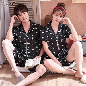 Summer Sleepwear Women's Par Pyjamas Pijama Satin Pajama Kvinna Kortärmad Silk Set Hemdräkt Män 210809