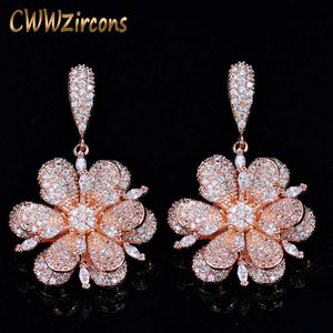 3D геометрические розовые золотые цвета микропролет кубический цирконий камни болтается капля цветок серьги серебро 925 ювелирные изделия CZ015 210714