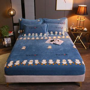 Velvet elastisk monterad plåt Hemsäng Sheet Winter Warm Flannel Cartoon Madrass Cover Double Queen King Size Bedspread grossist 210626