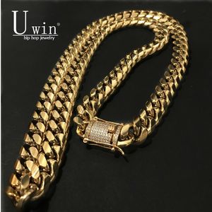 UWIN 14mm Herren Cuban Miami Link Halskette Edelstahl Strass Verschluss Iced Out Gold Silber Farbe Hip Hop Kette Halskette 78cm X0509