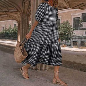 Vonda 2021 Kvinnors utskrift Klänningar Plus Storlek Kvinnor Plaid DrVintage Puff Sleeve Midi Drcasual Bohemian Loose Holiday Robe X0529