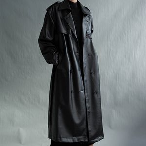 Lautaro Höst Long Oversized Black Faux Läder Trench Coat för Kvinnor Ärmbälte Dubbelbröst Löst Fashion 211110